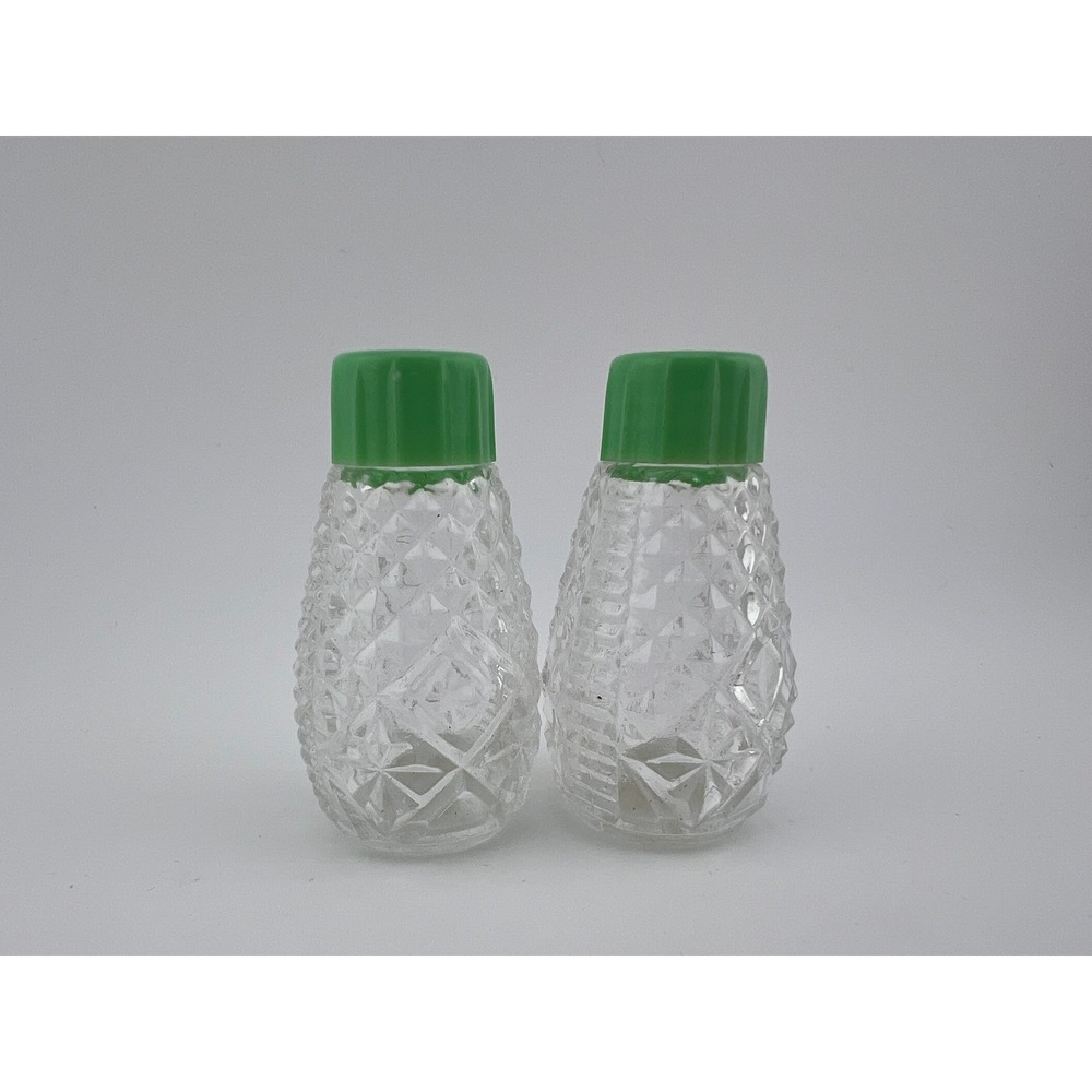 Vintage Mini Cut Glass Salt Pepper Shakers Green Lids 1 3/4" Pair